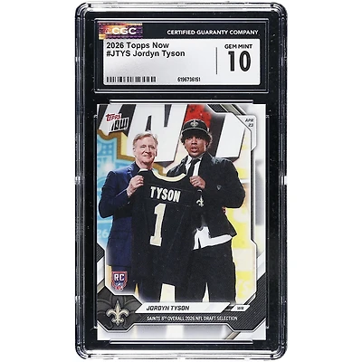 Jordyn Tyson New Orleans Saints 2026 Topps Now Saints 8th Overall '26 NFL Draft Selection #JTYS CGC Authenticated GEM MINT 10 Rookie Card