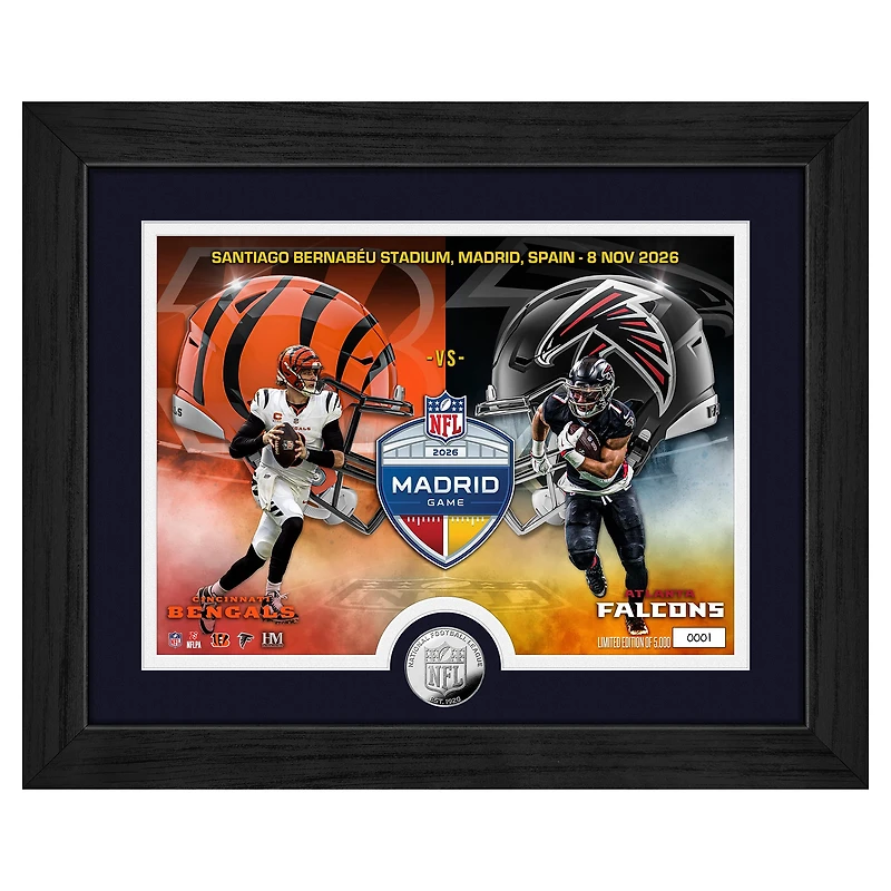 Highland Mint Bijan Robinson & Joe Burrow Cincinnati Bengals vs. Atlanta Falcons Madrid 2026 International Games Week 13" x 16" Silver Coin Photo Mint