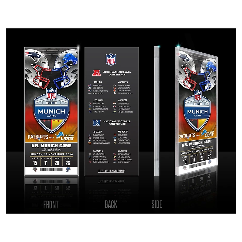 Highland Mint New England Patriots vs. Detroit Lions Munich 2026 International Games Week Acrylic Ticket