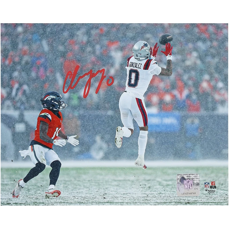 Christian Gonzalez New England Patriots Autographed 8" x 10" Snow Interception Photograph