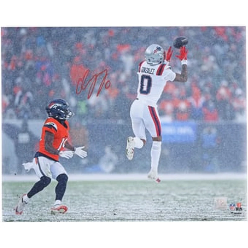 Christian Gonzalez New England Patriots Autographed 16" x 20" Snow Interception Photograph