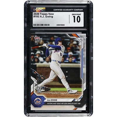A.J. Ewing New York Mets 2026 Topps Now Historic MLB Debut Not Seen Since at Least 1900 #193 CGC Authenticated GEM MINT 10 Card