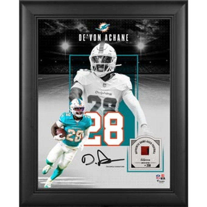 De’Von Achane Miami Dolphins Facsimile Signature Framed 11" x 14" Showcase Collage with a Piece of Game-Used Football - Limited Edition of 250
