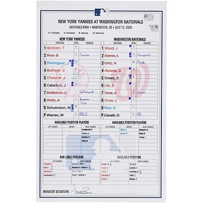 New York Yankees Game-Used Lineup Card vs. Washington Nationals on July 12, 2026
