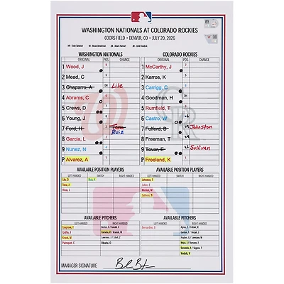 Washington Nationals Game-Used Lineup Card vs. Colorado Rockies on July 20, 2026