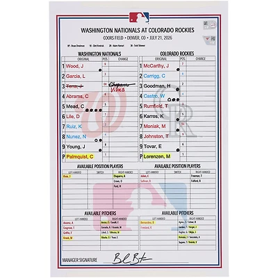 Washington Nationals Game-Used Lineup Card vs. Colorado Rockies on July 21, 2026