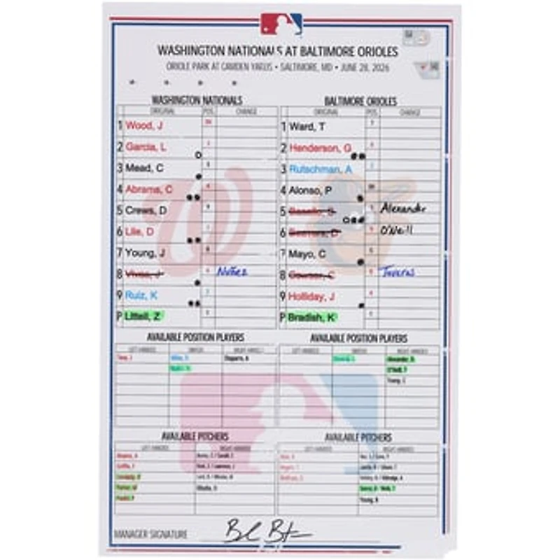 Washington Nationals Game-Used Lineup Card vs. Baltimore Orioles on June 28, 2026