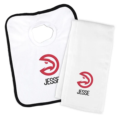 Newborn & Infant White Atlanta Hawks Personalized Bib & Burp Cloth Set