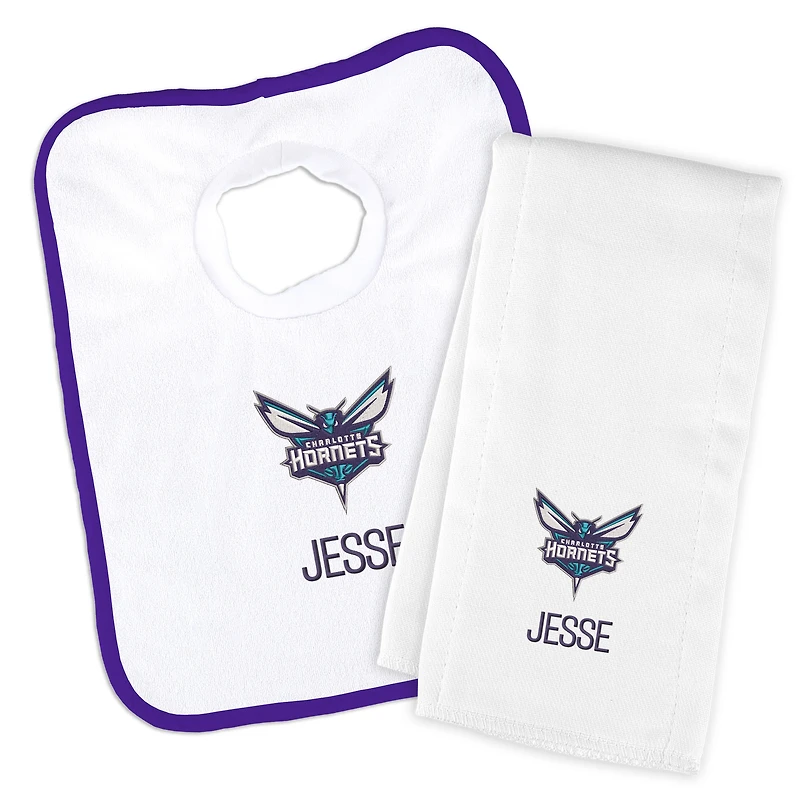 Newborn & Infant White Charlotte Hornets Personalized Bib & Burp Cloth Set