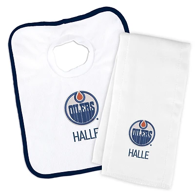 Newborn & Infant White Edmonton Oilers Personalized Bib & Burp Cloth Set
