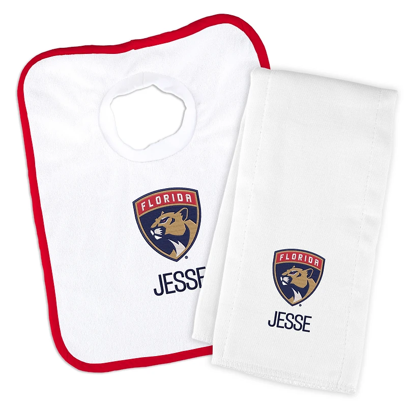 Newborn & Infant White Florida Panthers Personalized Bib & Burp Cloth Set