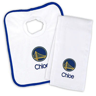 Newborn & Infant White Golden State Warriors Personalized Bib & Burp Cloth Set