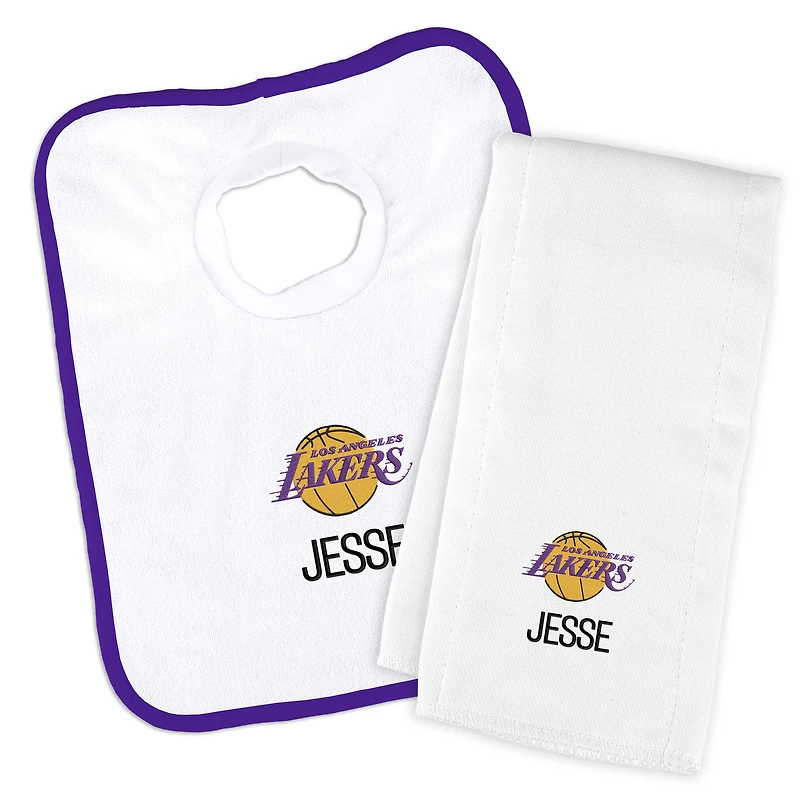 Newborn & Infant White Los Angeles Lakers Personalized Bib & Burp Cloth Set