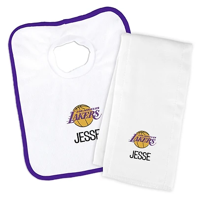 Newborn & Infant White Los Angeles Lakers Personalized Bib & Burp Cloth Set
