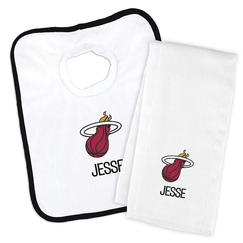 Newborn & Infant White Miami Heat Personalized Bib & Burp Cloth Set