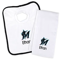 Newborn & Infant White Miami Marlins Personalized Bib & Burp Cloth Set