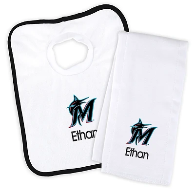 Newborn & Infant White Miami Marlins Personalized Bib & Burp Cloth Set
