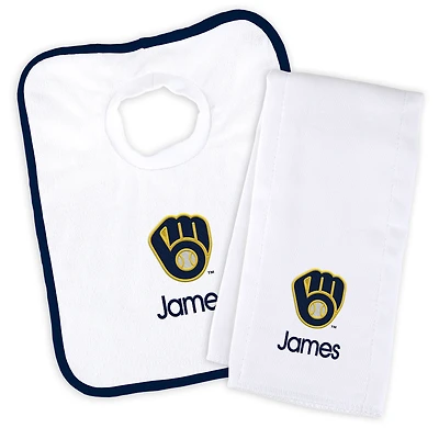 Newborn & Infant White Milwaukee Brewers Personalized Bib & Burp Cloth Set