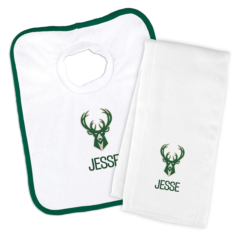Newborn & Infant White Milwaukee Bucks Personalized Bib & Burp Cloth Set