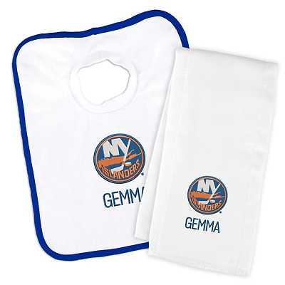 Newborn & Infant White New York Islanders Personalized Bib & Burp Cloth Set