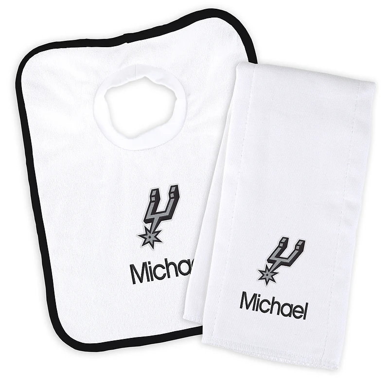 Newborn & Infant White San Antonio Spurs Personalized Bib & Burp Cloth Set