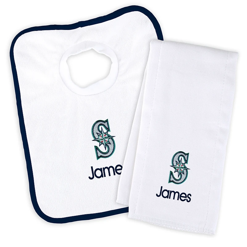 Newborn & Infant White Seattle Mariners Personalized Bib & Burp Cloth Set