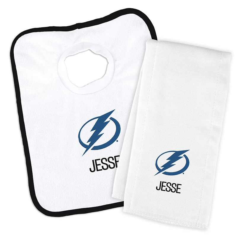 Newborn & Infant White Tampa Bay Lightning Personalized Bib & Burp Cloth Set