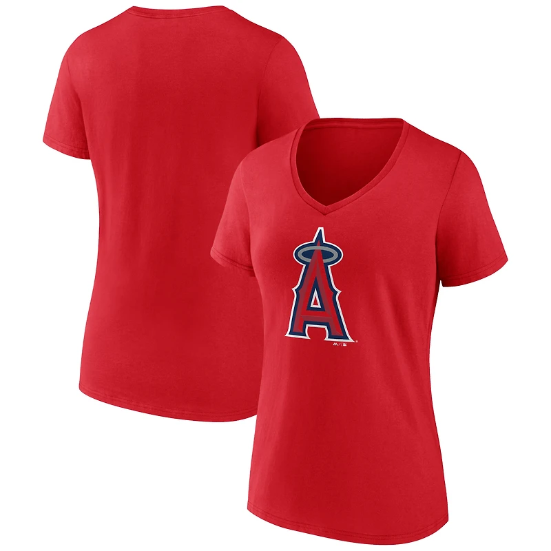 Women's Red Los Angeles Angels Team Color Primary Logo V-Neck T-Shirt