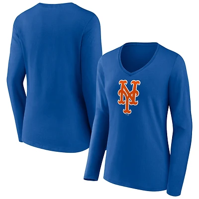 Women's Royal New York Mets Team Color Primary Logo V-Neck Long Sleeve T-Shirt