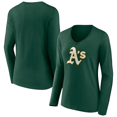 Women's Green Athletics Team Color Primary Logo V-Neck Long Sleeve T-Shirt