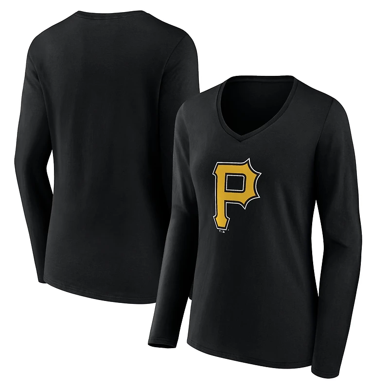 Women's Black Pittsburgh Pirates Team Color Primary Logo V-Neck Long Sleeve T-Shirt