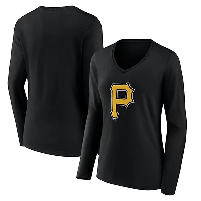 Women's Black Pittsburgh Pirates Team Color Primary Logo V-Neck Long Sleeve T-Shirt