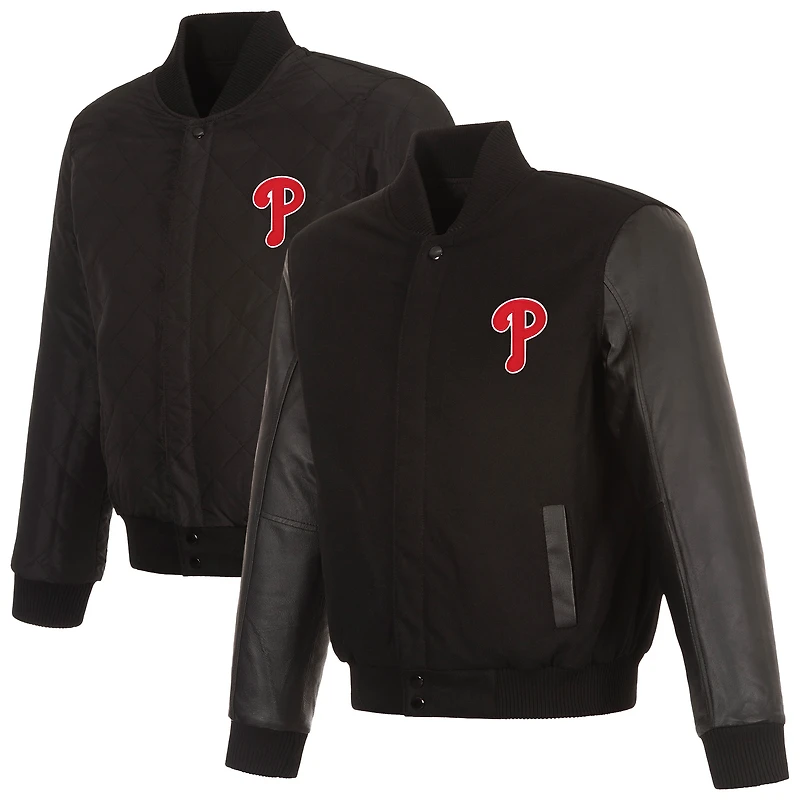 Men's JH Design Black Philadelphia Phillies Wool & Leather Reversible Jacket