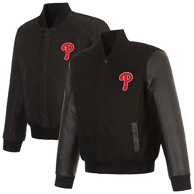 Men's JH Design Black Philadelphia Phillies Wool & Leather Reversible Jacket