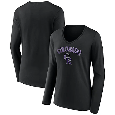 Women's Black Colorado Rockies Team Lockup Slim Fit Long Sleeve V-Neck T-Shirt