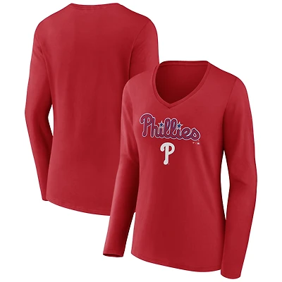 Women's Red Philadelphia Phillies Team Lock Up Long Sleeve V-Neck T-Shirt