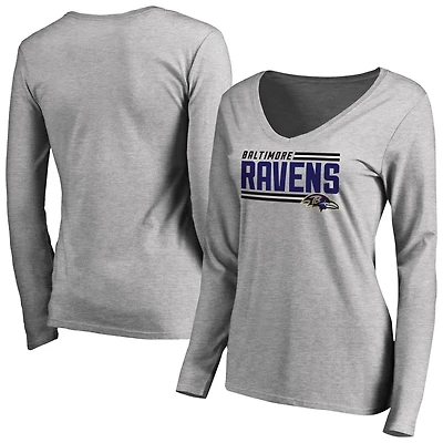 Women's Ash Baltimore Ravens Iconic Collection On Side Stripe Long Sleeve V-Neck T-Shirt