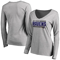 Women's Ash Baltimore Ravens Iconic Collection On Side Stripe Long Sleeve V-Neck T-Shirt