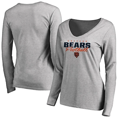 Women's Ash Chicago Bears Iconic Collection Script Assist Long Sleeve V-Neck T-Shirt