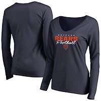 Women's Navy Chicago Bears Iconic Collection Script Assist Long Sleeve V-Neck T-Shirt