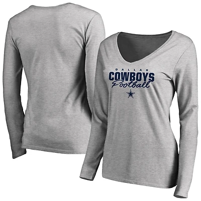 Women's Ash Dallas Cowboys Iconic Collection Script Assist Long Sleeve V-Neck T-Shirt