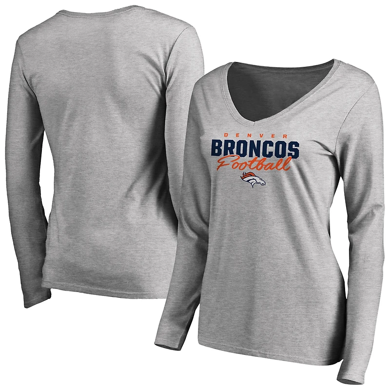 Women's Ash Denver Broncos Iconic Collection Script Assist Long Sleeve V-Neck T-Shirt