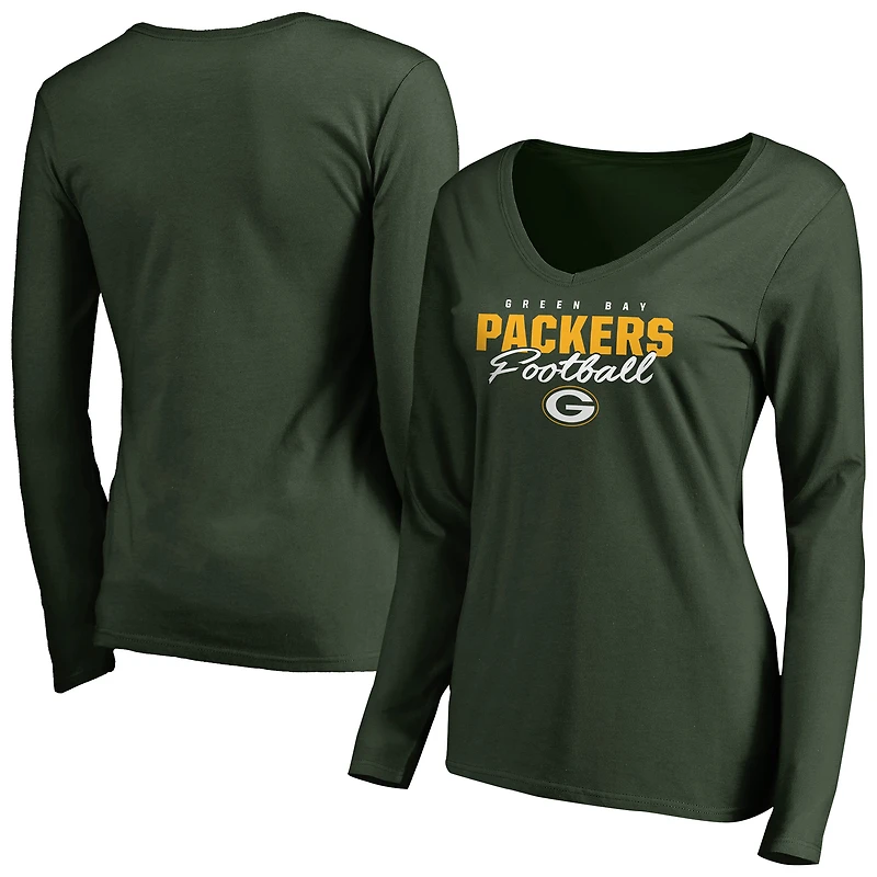Women's Green Green Bay Packers Iconic Collection Script Assist Long Sleeve V-Neck T-Shirt