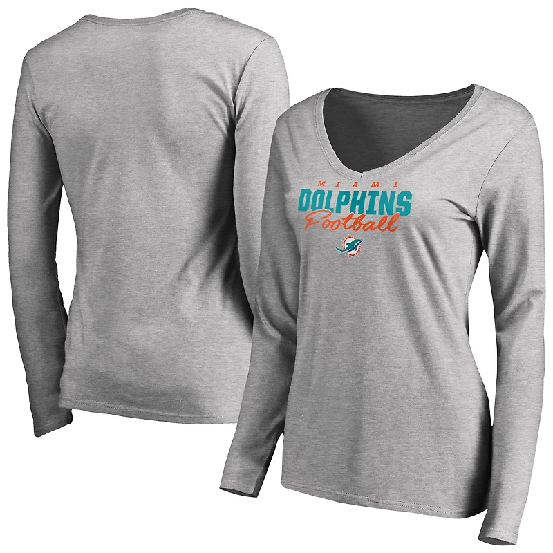Women's Ash Miami Dolphins Iconic Collection Script Assist Long Sleeve V-Neck T-Shirt
