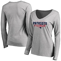 Women's Ash New England Patriots Iconic Collection Script Assist Long Sleeve V-Neck T-Shirt