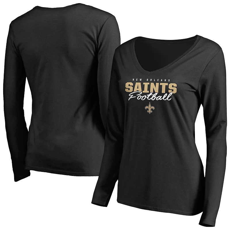 Women's Black New Orleans Saints Iconic Collection Script Assist Long Sleeve V-Neck T-Shirt