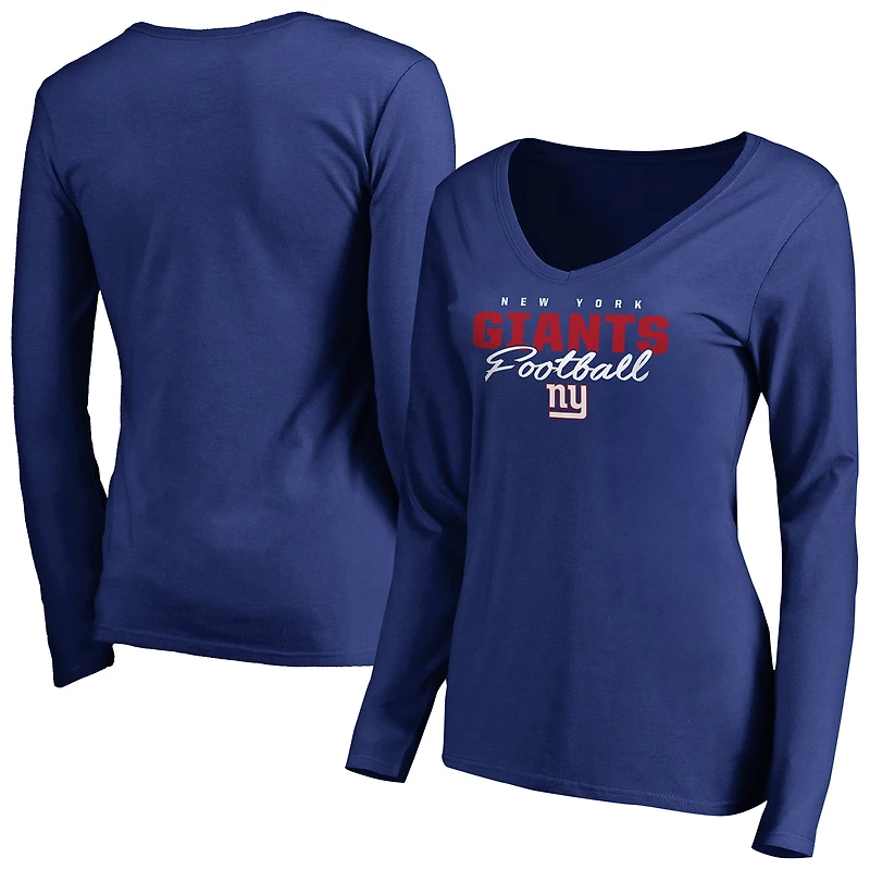 Women's Royal New York Giants Iconic Collection Script Assist Long Sleeve V-Neck T-Shirt