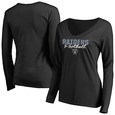 Women's Black Las Vegas Raiders Iconic Collection Script Assist Long Sleeve V-Neck T-Shirt