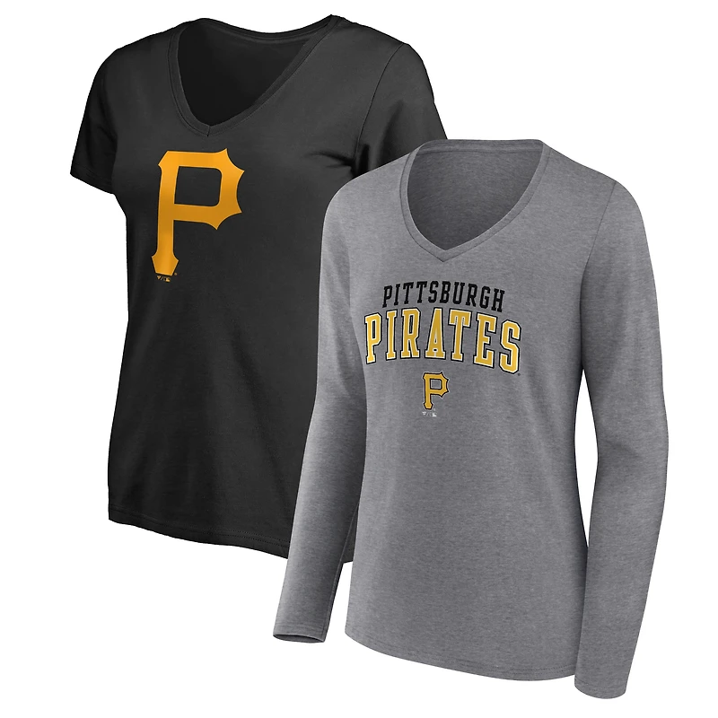 Women's Fanatics Black/Heather Gray Pittsburgh Pirates Short & Long Sleeve T-Shirt Combo Pack