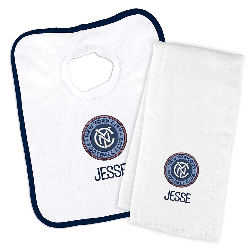 Infant White New York City FC Personalized Bib and Burp Cloth Set